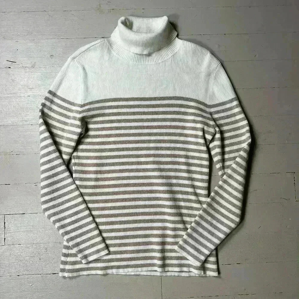 Liz Claiborne‎ Turtleneck Ribbed White And Gold Stripes Long Sleeves Women’s L
